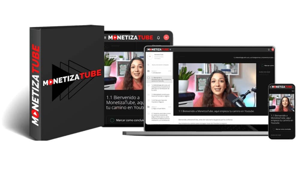 Vista del curso MonetizaTube de Mari Fuentes en diferentes dispositivos, con contenido en vídeo y plataforma de formación online.