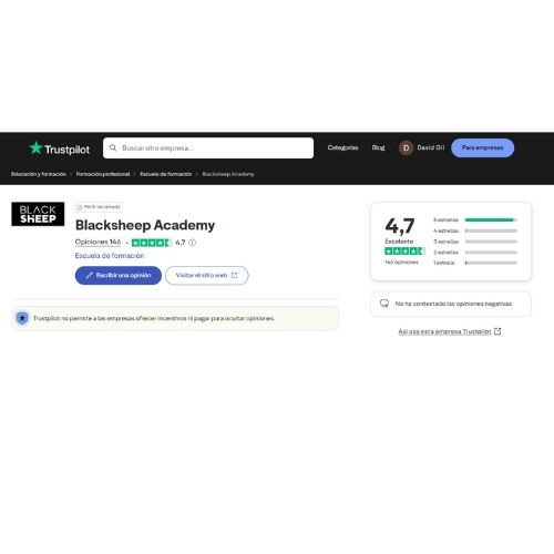 Captura de opiniones reales de Black Sheep Academy en Trustpilot con valoración 4,7 sobre 5
