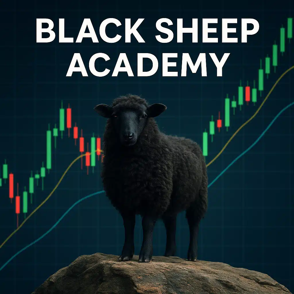 Logo de Black Sheep Academy con oveja negra y gráfico de velas de trading en segundo plano