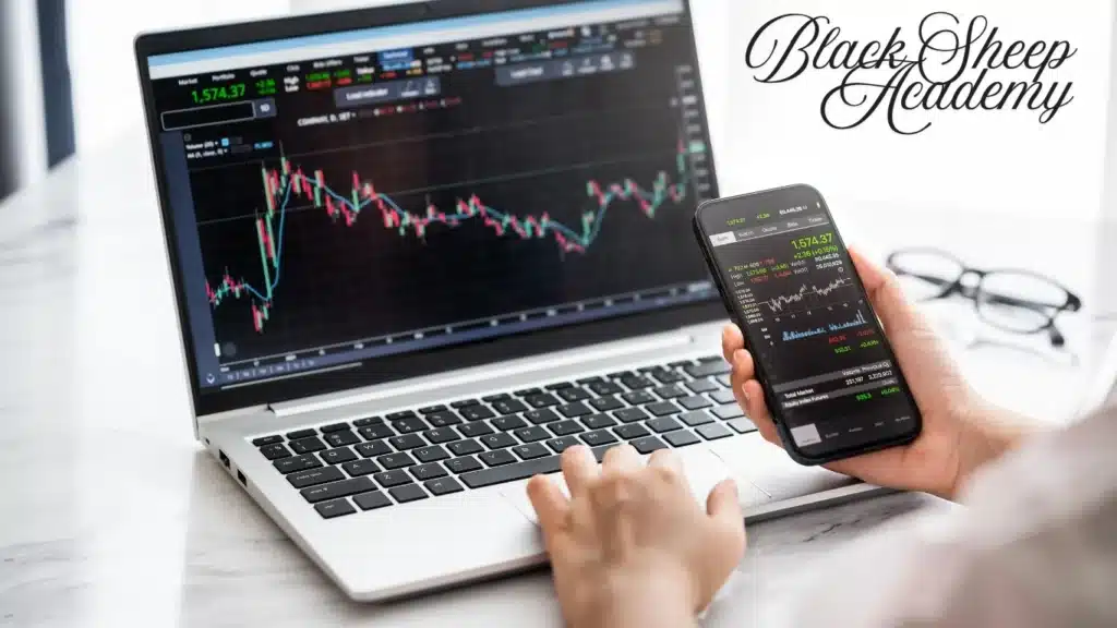 Pantalla de ordenador y móvil mostrando gráficos de trading con el logo de Black Sheep Academy