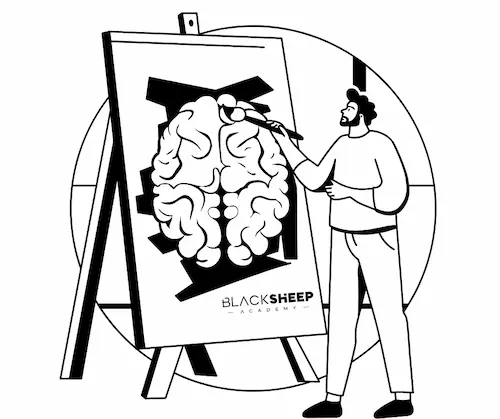 Ilustración de Black Sheep Academy sobre psicotrading: trabajar la mente para operar en trading con disciplina y control emocional.