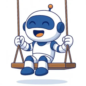 Robot Ciberdigi sonriente sentado en un columpio de madera en Reseñas de cursos online