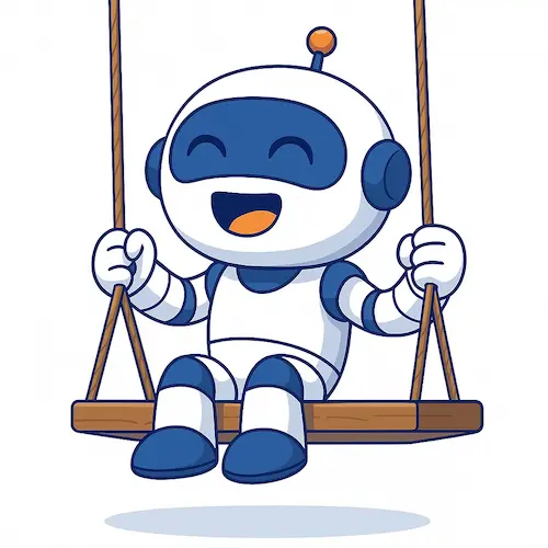 Robot Ciberdigi sonriente sentado en un columpio de madera.
