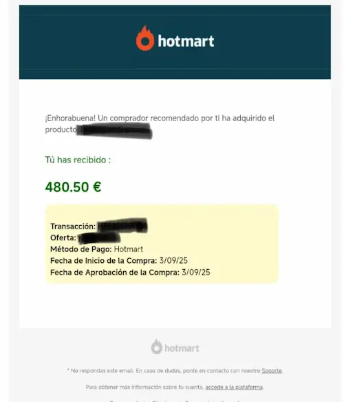 Comisión de afiliado en Hotmart de 480,50 € septiembre 2025