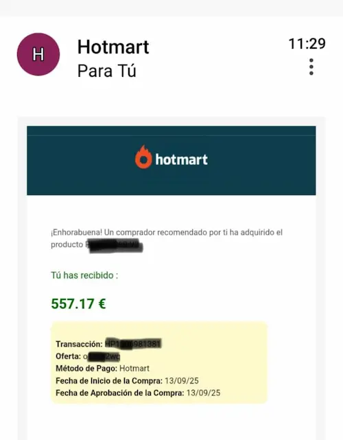 Comisión de afiliado en Hotmart de 557,17 € septiembre 2025