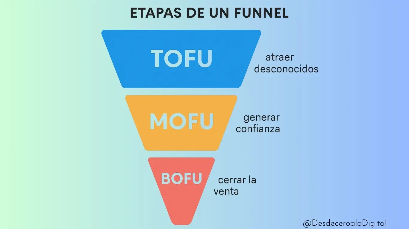 Infografía de embudo de ventas con las etapas TOFU, MOFU y BOFU representadas con iconos.
