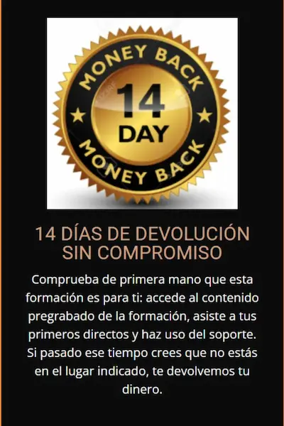 Sello de garantía de devolución de 14 días para probar la formación sin compromiso