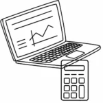 Ordenador portátil con gráficos financieros y calculadora.