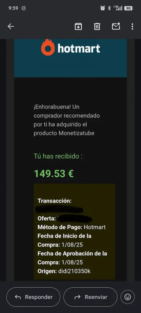 Primera venta como afiliado en Hotmart con MonetizaTube por 149,53 €