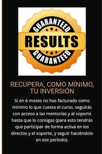 Sello de garantía que asegura recuperar como mínimo la inversión en el curso Partner 360 si no se generan resultados en seis meses.