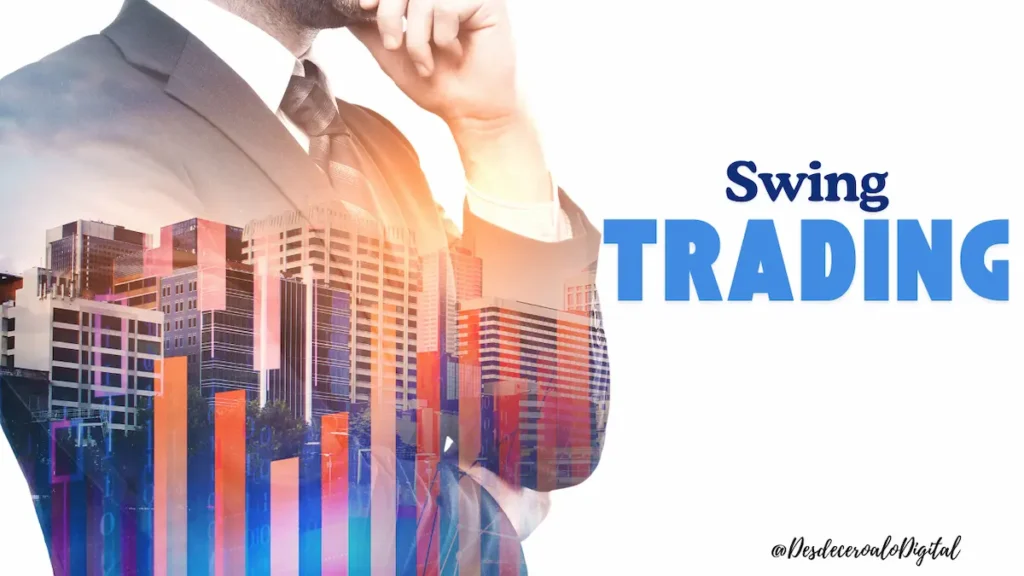 Portada de artículo sobre swing trading con un hombre de negocios y gráficos financieros sobre rascacielos.