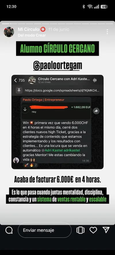 Testimonio de Paolo Ortega en Círculo Cercano con 6.000 € facturados en 4 horas