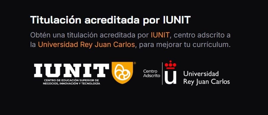 Racks Academy opiniones: Titulación acreditada por IUNIT (centro adscrito a la Universidad Rey Juan Carlos) — logotipos IUNIT y URJC