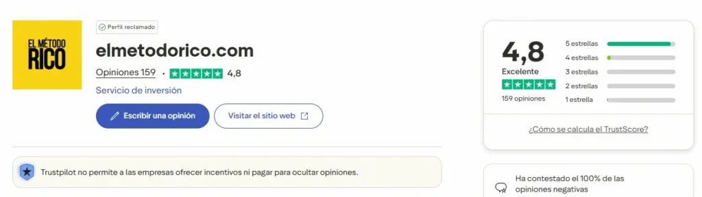 Opiniones de El Método RICO en Trustpilot con nota media 4,8 sobre 5
