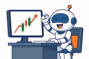 Ilustración de un robot feliz aprendiendo inversión en bolsa frente a un gráfico alcista.