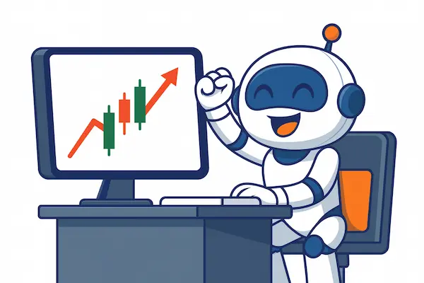Ilustración de un robot feliz aprendiendo inversión en bolsa frente a un gráfico alcista.