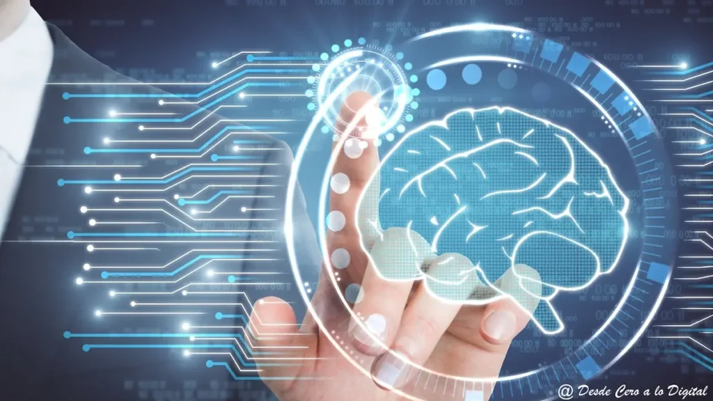 Mano humana tocando una interfaz digital con un cerebro iluminado, simbolizando la conexión entre inteligencia humana y artificial en procesos de automatización.