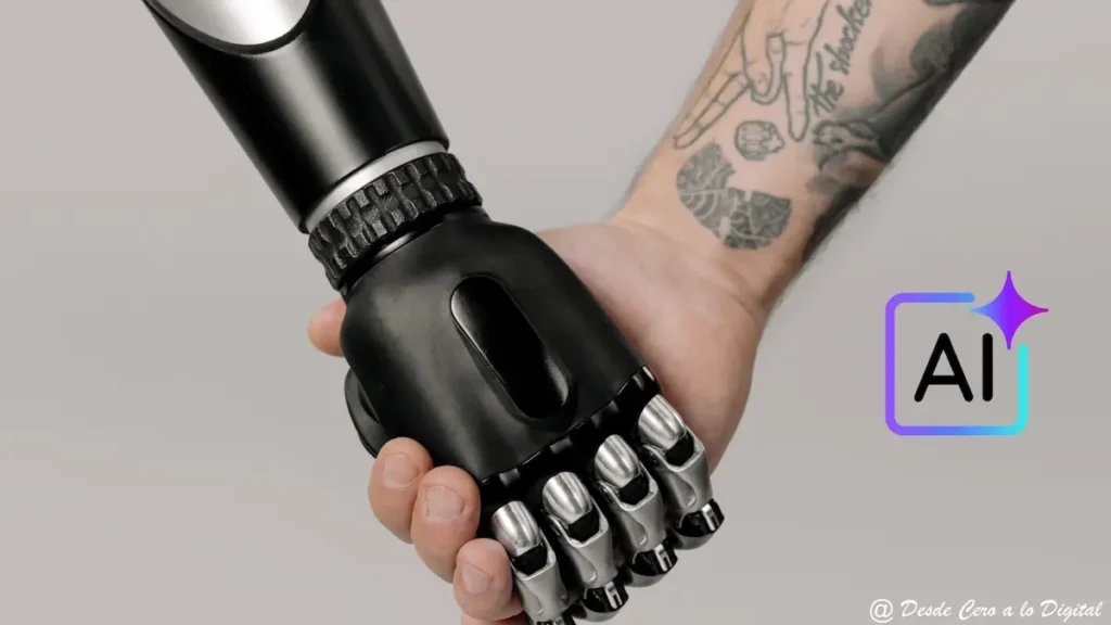 Mano humana estrechando la mano de un robot con el logotipo de IA, simbolizando la colaboración entre personas y tecnología en la automatización inteligente.