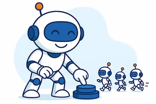 Ciberdigi pulsando un botón mientras varios mini robots comienzan a moverse, representando la automatización con inteligencia artificial.