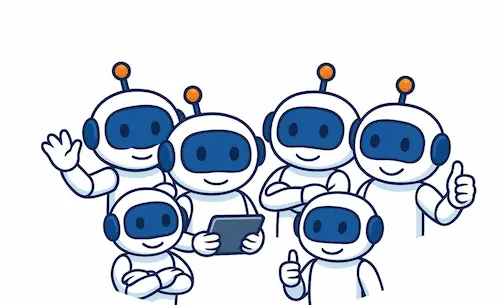 comunidad de robots Ciberdigi en semicírculo colaborando entre sí