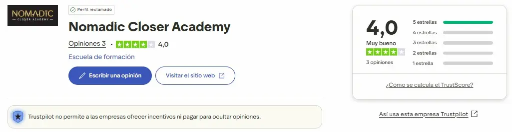 Valoración de Nomadic Closer Academy en Trustpilot con 4,0 estrellas sobre 5 según opiniones reales de alumnos.